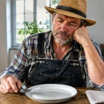 Fermier age assis a table devant plat vide