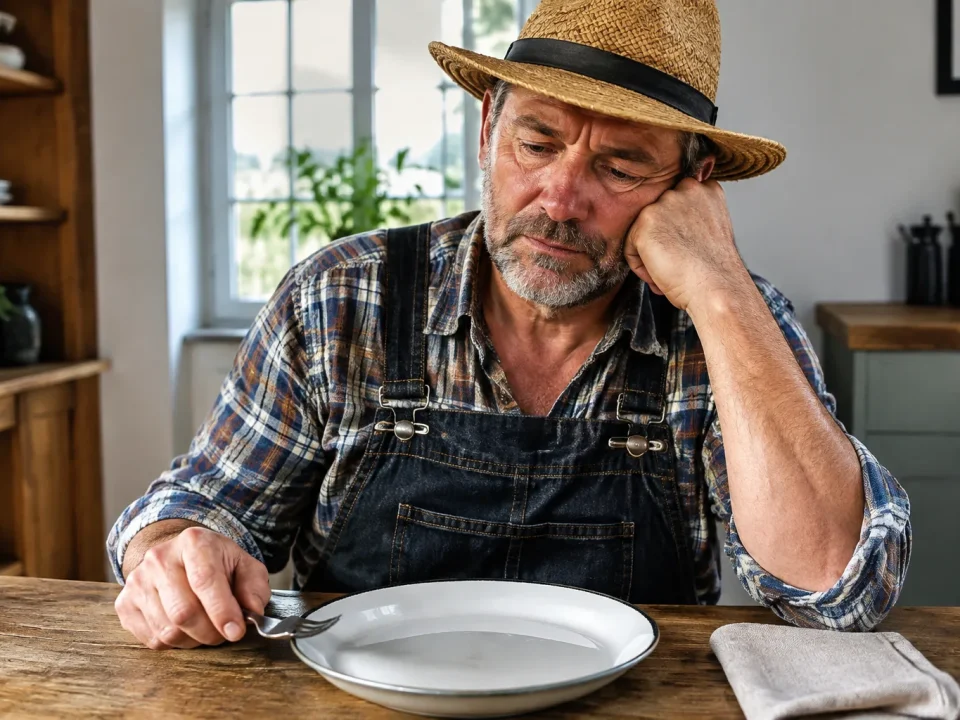Fermier age assis a table devant plat vide