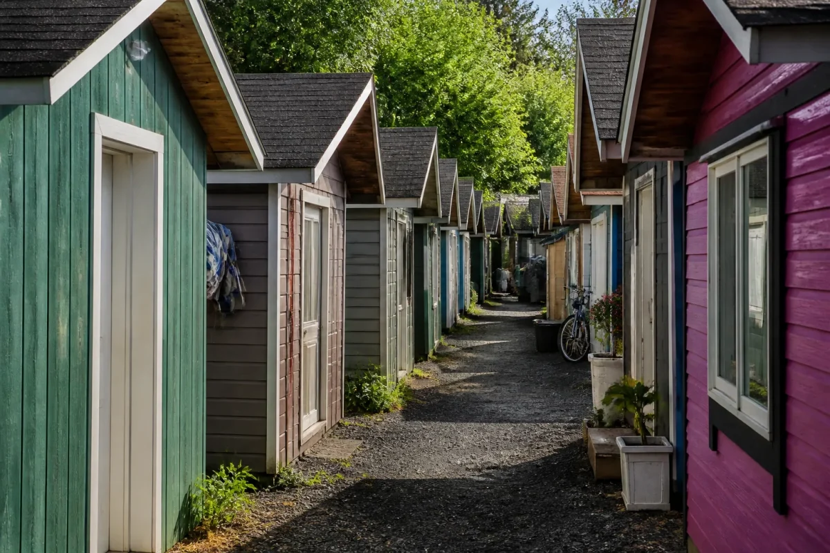 Petits logements compacts alignes dans une ruelle