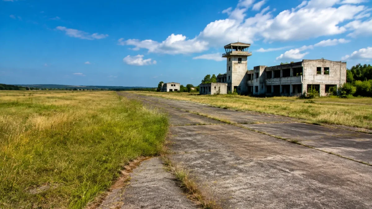 Piste d'aeroport herbeuse vide batiments beton abandonnes