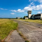 Piste d'aeroport herbeuse vide batiments beton abandonnes