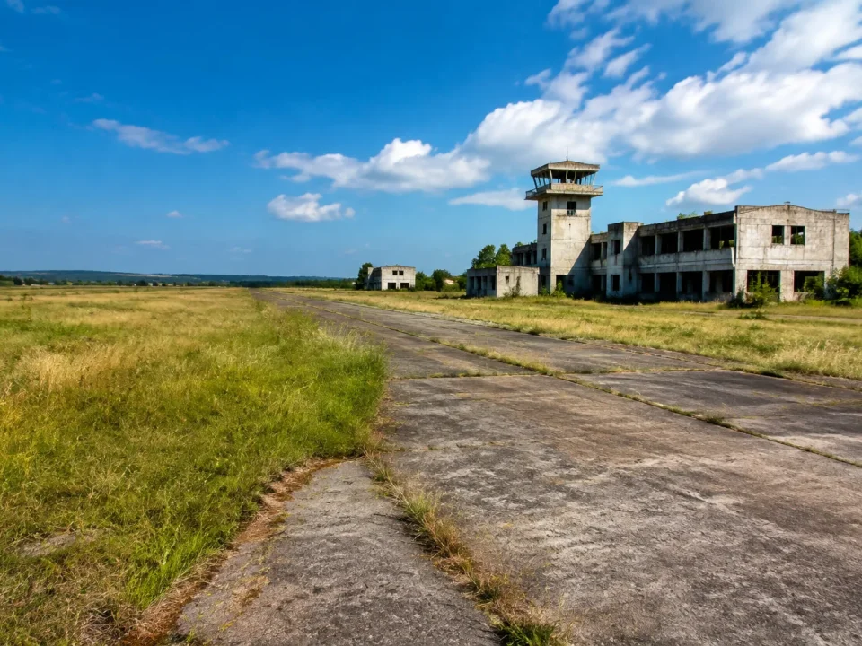 Piste d'aeroport herbeuse vide batiments beton abandonnes