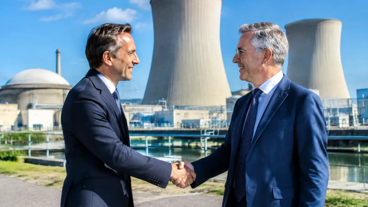 Poignee main entre deux dirigeants devant domes reacteur