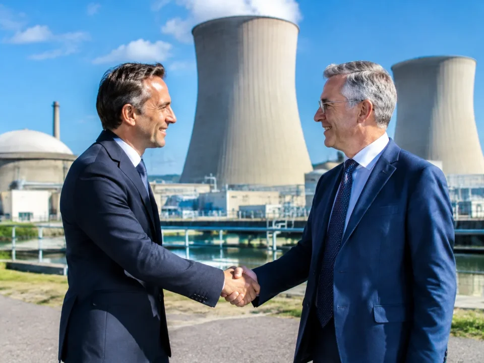 Poignee main entre deux dirigeants devant domes reacteur