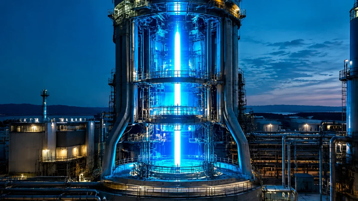 Reacteur fusion geant emettant une lumiere bleue intense verticalement