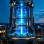 Reacteur fusion geant emettant une lumiere bleue intense verticalement