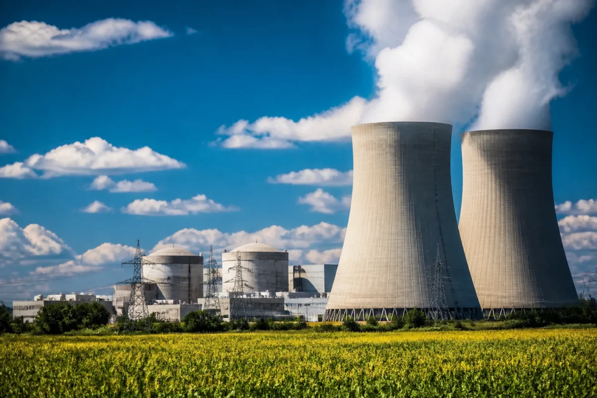 Reacteur nucleaire avec tours de refroidissement imposantes