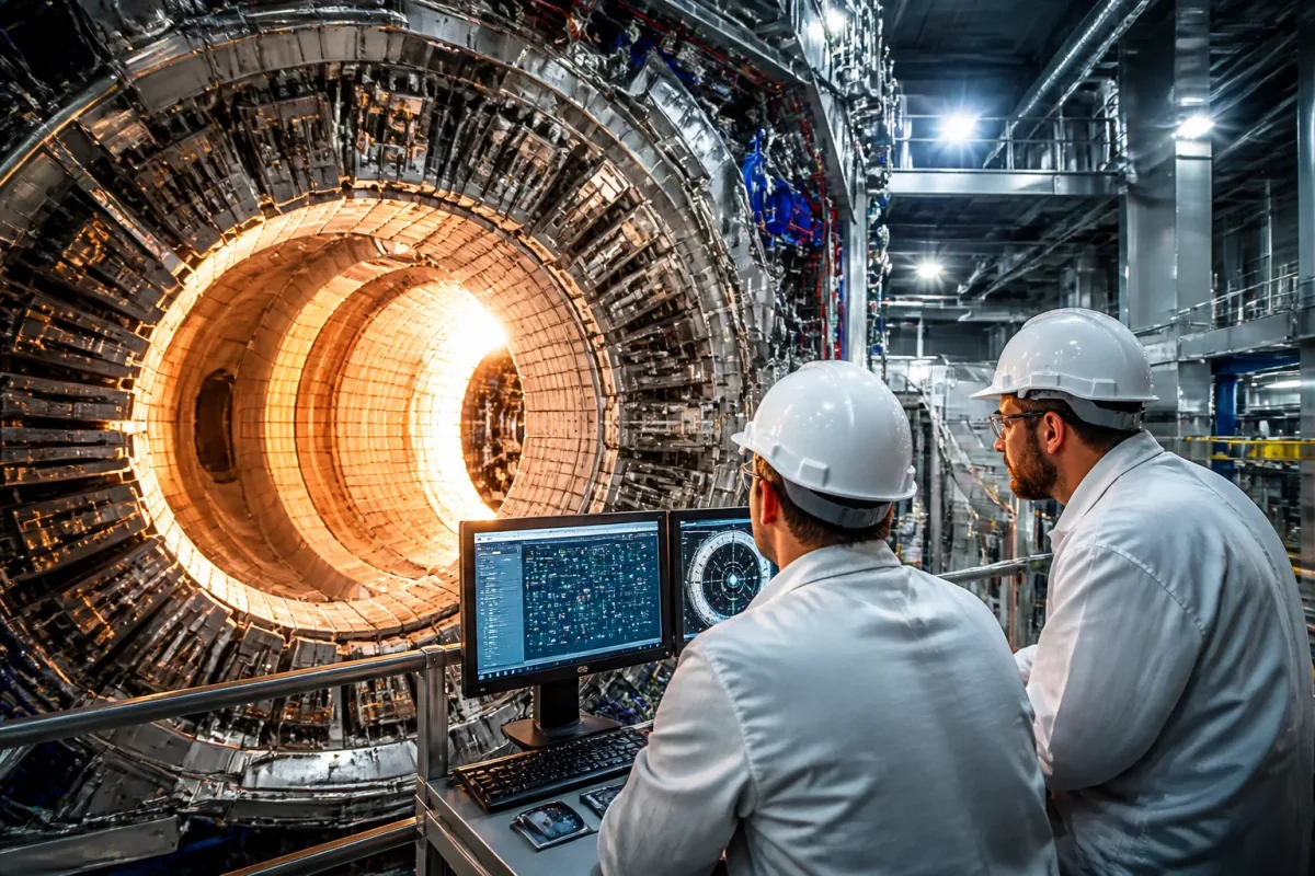 Tokamak nucleaire brillant avec techniciens equipement surveillance