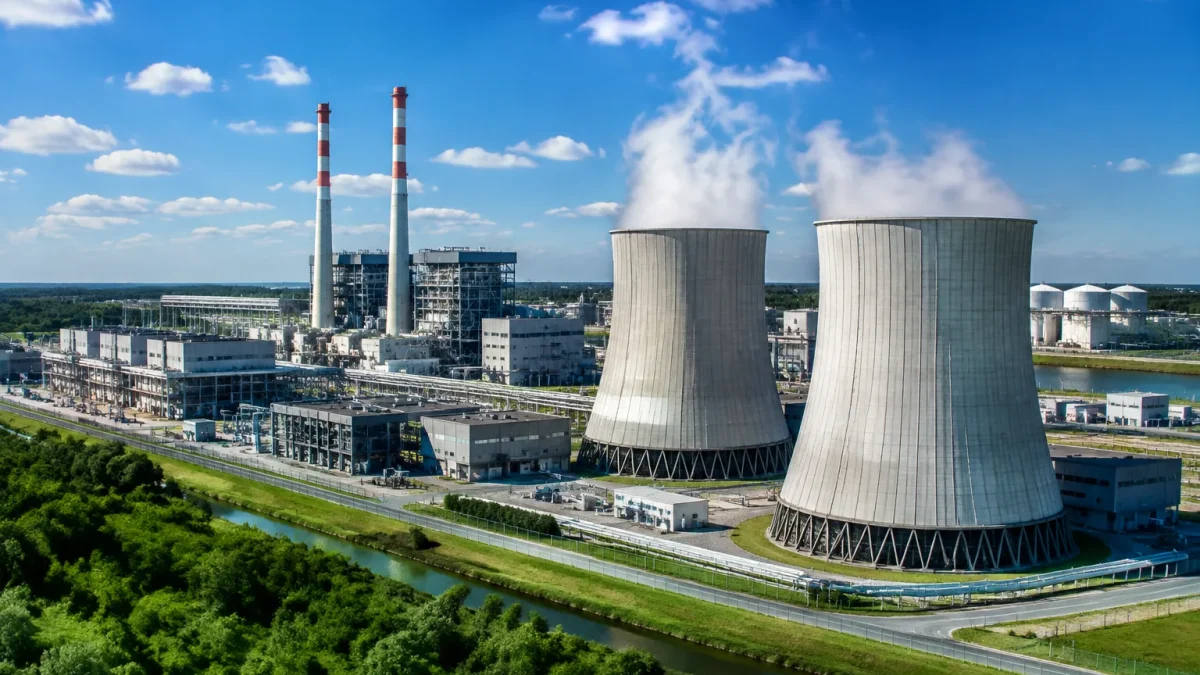 Tours refroidissement gris entourant large complexe energetique industriel
