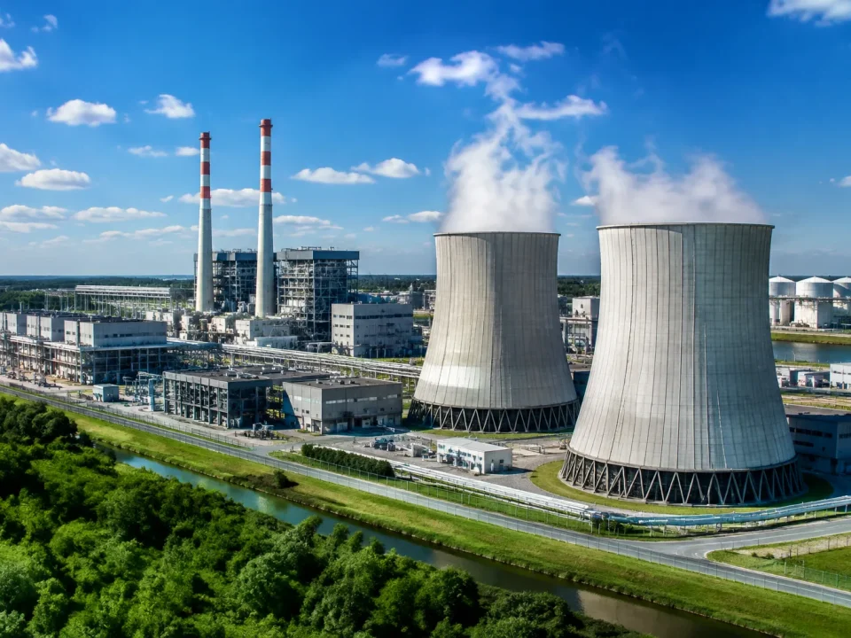 Tours refroidissement gris entourant large complexe energetique industriel